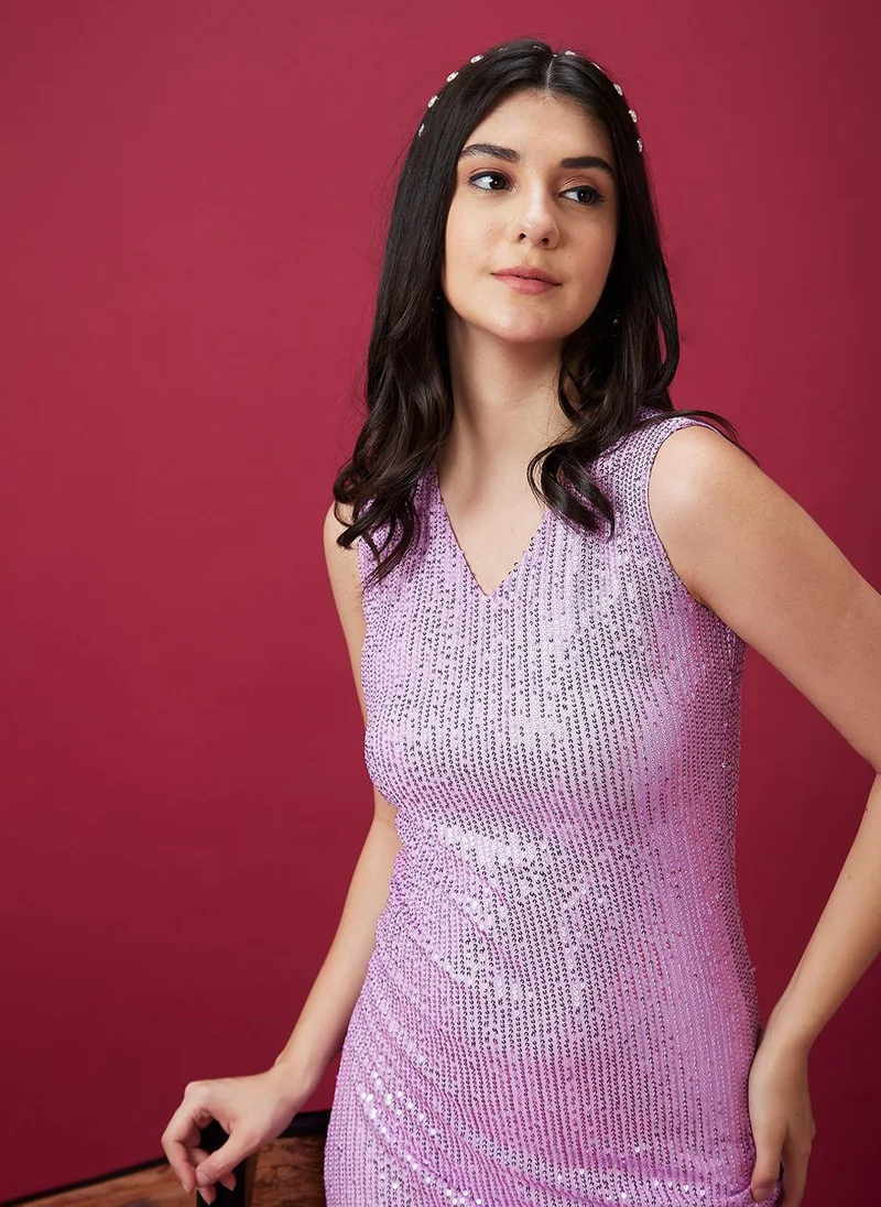 globus Globus Women Lavender Embellished Sequinned Sheath Party Dress